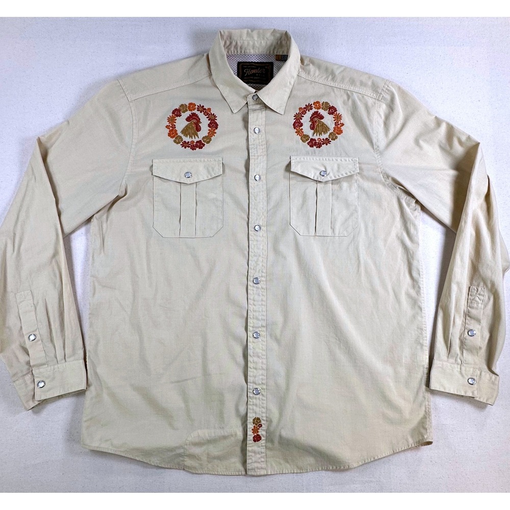 Howler Brothers Gaucho Snapshirt Mens L Tan Rooster Embroidered Western Snap - Picture 2 of 16